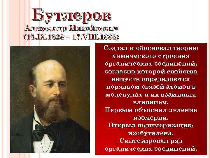 Бутлеров Александр Михайлович (15. IX. 1828 – 17. VIII. 1886) Создал и обосновал теорию