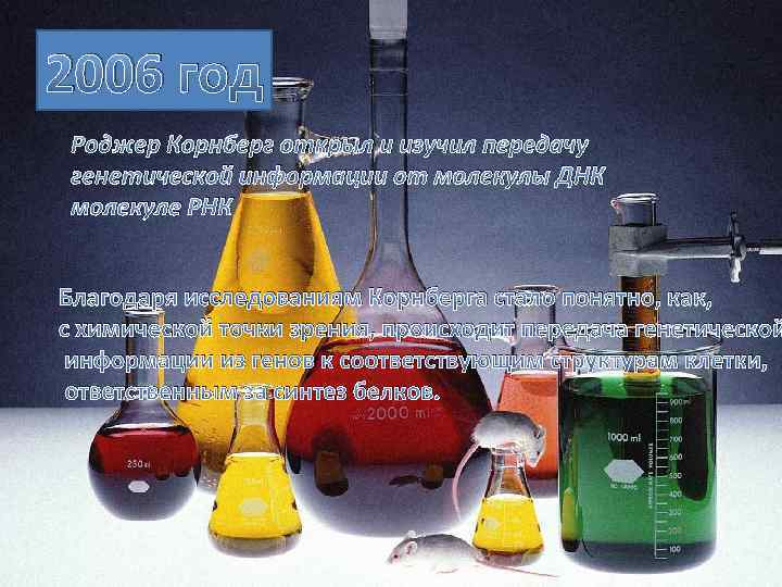 2006 год Роджер Корнберг открыл и изучил передачу генетической информации от молекулы ДНК молекуле
