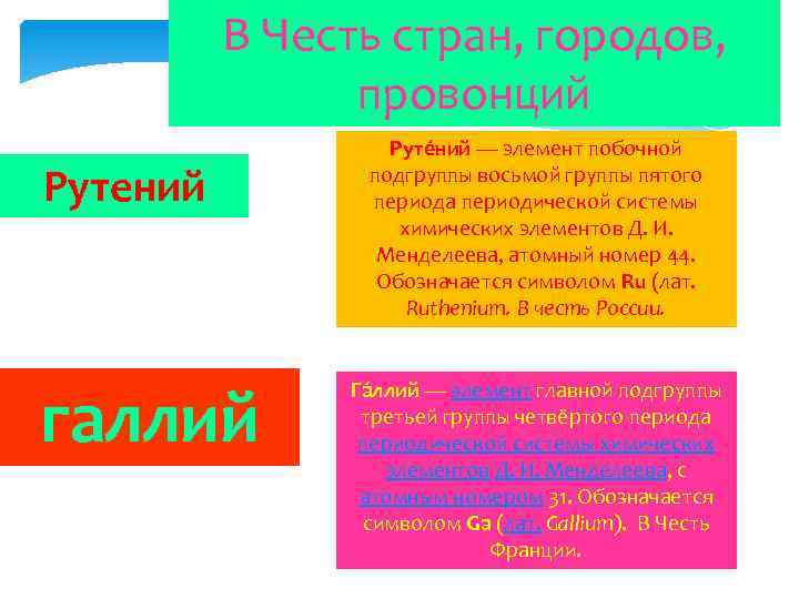 В Честь стран, городов, провонций Рутений галлий Руте ний — элемент побочной подгруппы восьмой