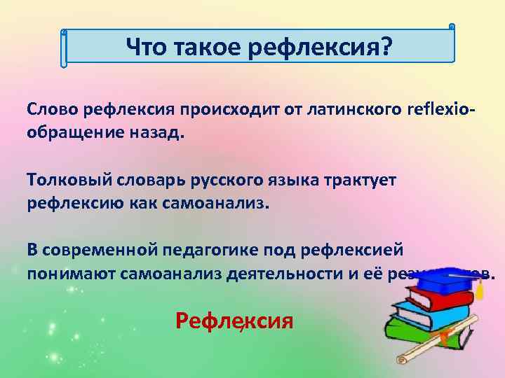 Что такое рефлексия? Слово рефлексия происходит от латинского reflexioобращение назад. Толковый словарь русского языка