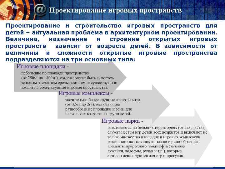 Проектирование игровых пространств Проектирование и строительство игровых пространств для детей – актуальная проблема в