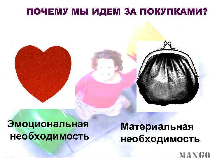 ПОЧЕМУ МЫ ИДЕМ ЗА ПОКУПКАМИ? Эмоциональная необходимость Материальная необходимость 