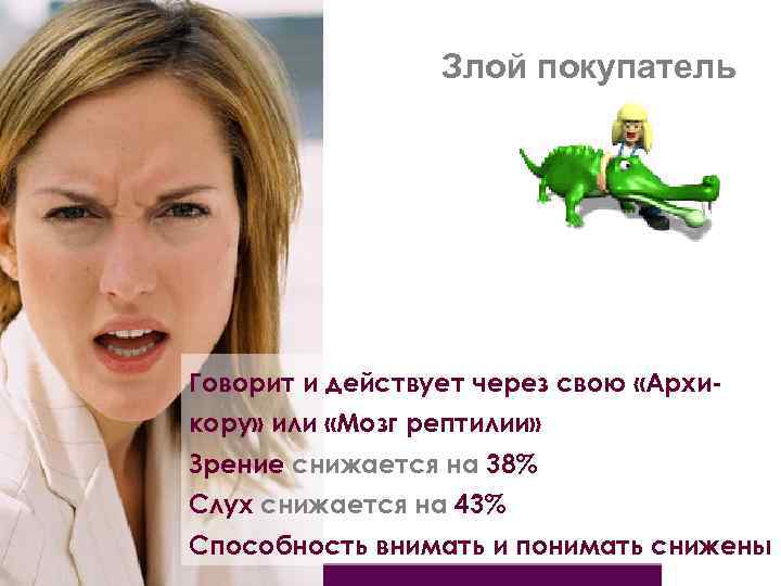 Злой покупатель Говорит и действует через свою «Архикору» или «Мозг рептилии» Зрение снижается на
