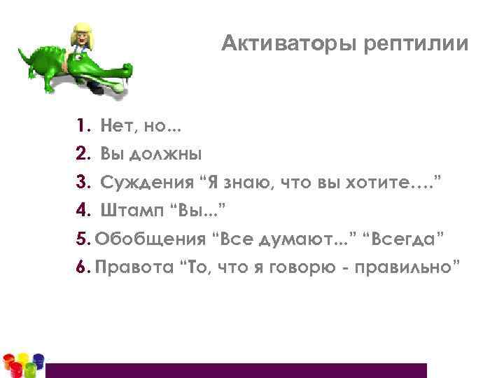Активаторы рептилии 1. Нет, но. . . 2. Вы должны 3. Суждения “Я знаю,