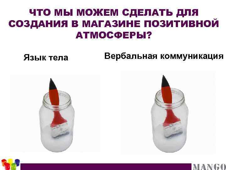 ЧТО МЫ МОЖЕМ СДЕЛАТЬ ДЛЯ СОЗДАНИЯ В МАГАЗИНЕ ПОЗИТИВНОЙ АТМОСФЕРЫ? Язык тела Вербальная коммуникация