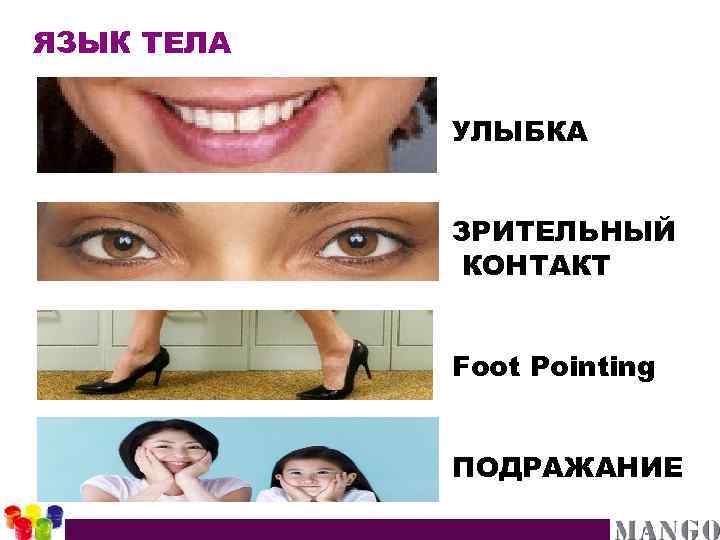 ЯЗЫК ТЕЛА УЛЫБКА ЗРИТЕЛЬНЫЙ КОНТАКТ Foot Pointing ПОДРАЖАНИЕ 