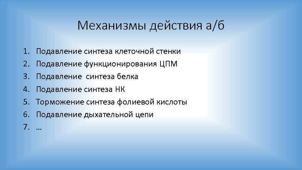 Механизмы действия а/б 1. 2. 3. 4. 5. 6. 7. Подавление синтеза клеточной стенки