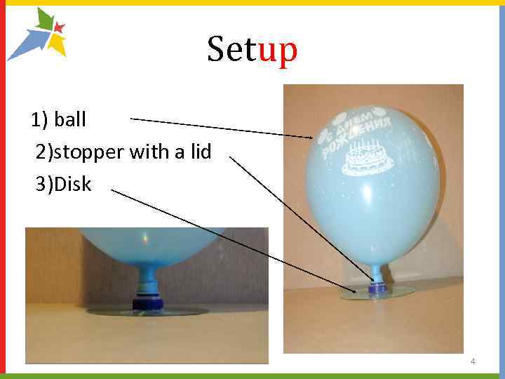 Setup 1) ball 2)stopper with a lid 3)Disk 4 