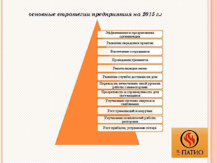 основные стратегии предприятия на 2015 г. : Эффективная и продуктивная организация Развитие передовых практик