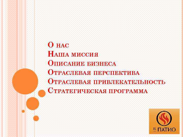 О НАС НАША МИССИЯ ОПИСАНИЕ БИЗНЕСА ОТРАСЛЕВАЯ ПЕРСПЕКТИВА ОТРАСЛЕВАЯ ПРИВЛЕКАТЕЛЬНОСТЬ СТРАТЕГИЧЕСКАЯ ПРОГРАММА 