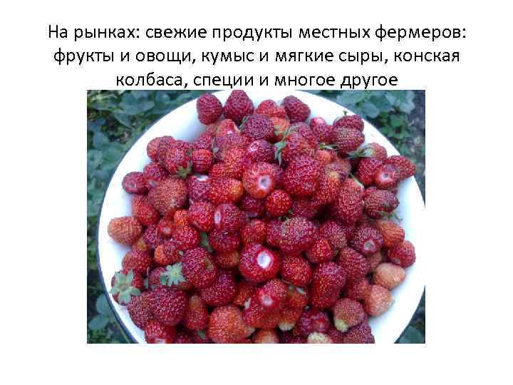 На рынках: свежие продукты местных фермеров: фрукты и овощи, кумыс и мягкие сыры, конская