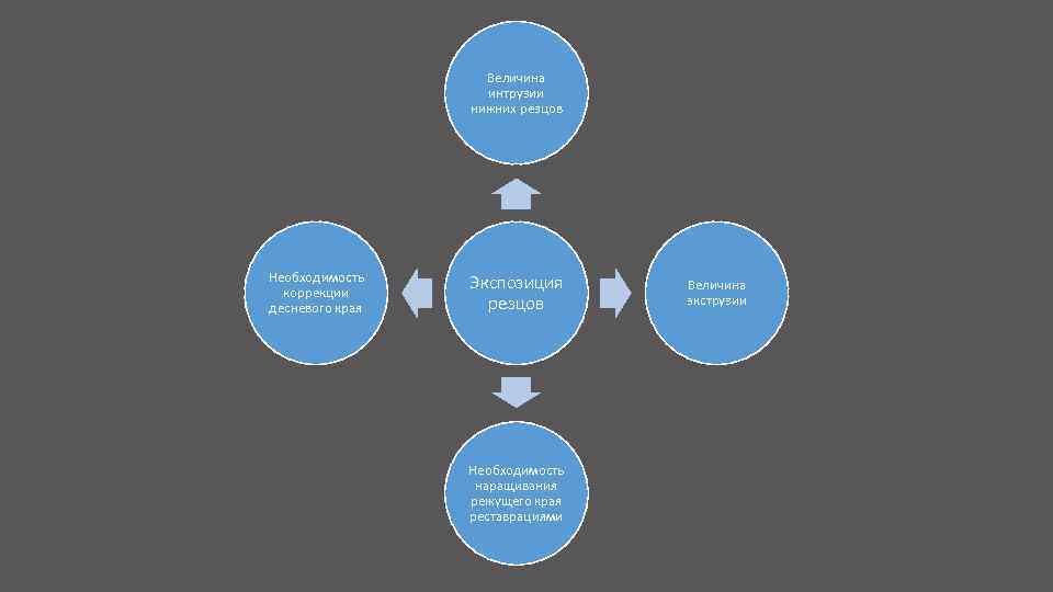 Величина интрузии нижних резцов Необходимость коррекции десневого края Экспозиция резцов Необходимость наращивания режущего края