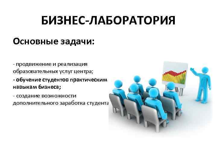 БИЗНЕС-ЛАБОРАТОРИЯ Основные задачи: - продвижение и реализация образовательных услуг центра; - обучение студентов практическим