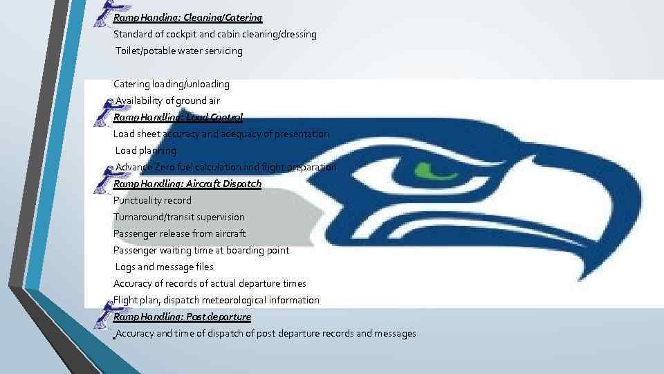 Ramp Handing: Cleaning/Catering Standard of cockpit and cabin cleaning/dressing Toilet/potable water servicing Catering loading/unloading