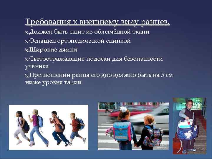 Требования к внешнему виду ранцев. Должен быть сшит из облегчённой ткани Оснащен ортопедической спинкой