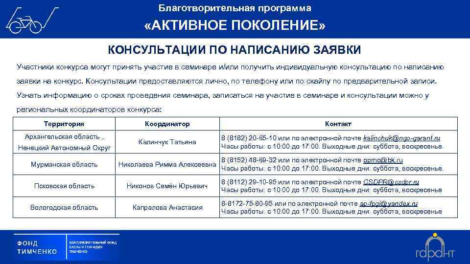 Благотворительная программа «АКТИВНОЕ ПОКОЛЕНИЕ» КОНСУЛЬТАЦИИ ПО НАПИСАНИЮ ЗАЯВКИ Участники конкурса могут принять участие в