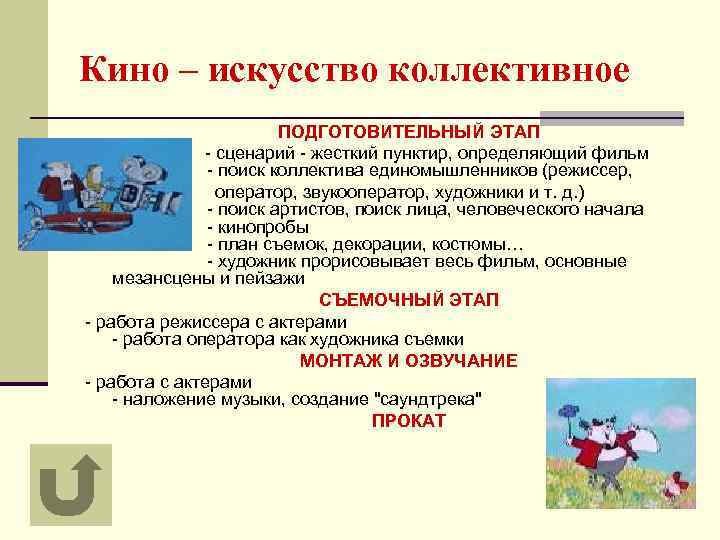 Кино – искусство коллективное ПОДГОТОВИТЕЛЬНЫЙ ЭТАП - сценарий - жесткий пунктир, определяющий фильм -