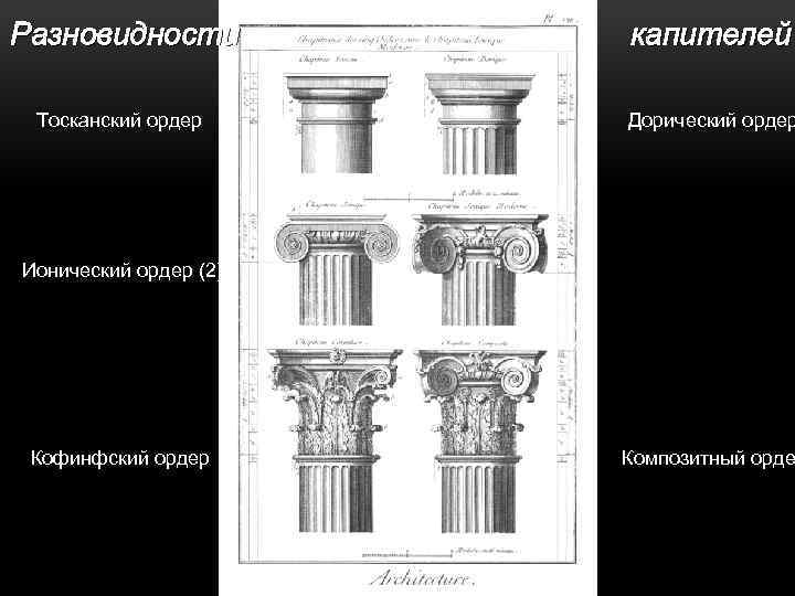 Разновидности Тосканский ордер капителей Дорический ордер Ионический ордер (2) Кофинфский ордер Композитный орде 