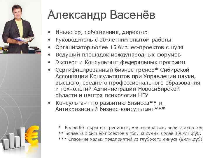 Александр Васенёв • • • Инвестор, собственник, директор Руководитель с 20 -летним опытом работы