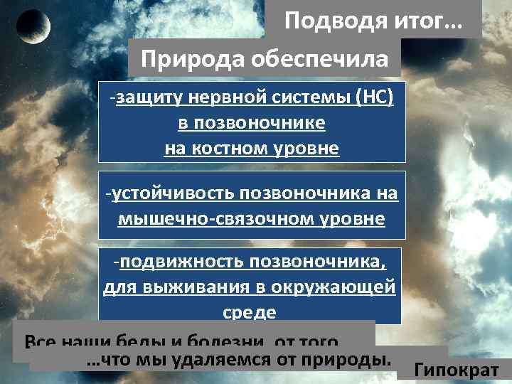 Подводя итог… Природа обеспечила -защиту нервной системы (НС) в позвоночнике на костном уровне -устойчивость