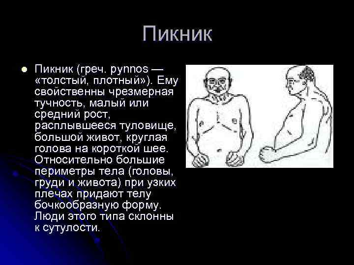 Пикник l Пикник (греч. pynnos — «толстый, плотный» ). Ему свойственны чрезмерная тучность, малый