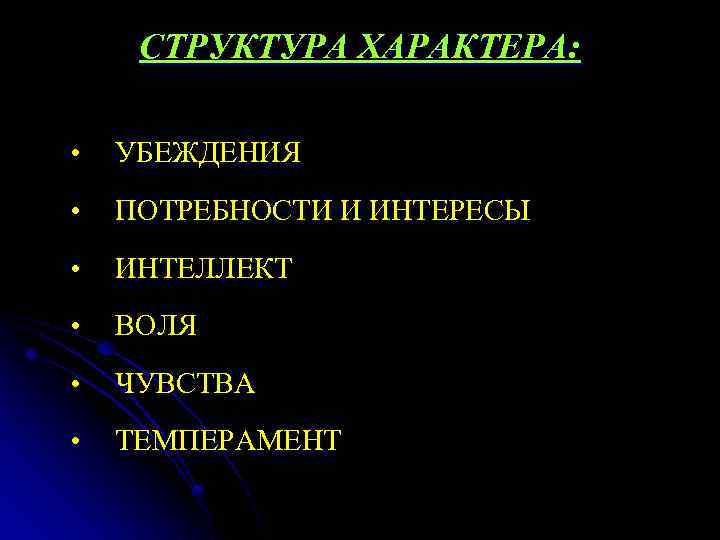 СТРУКТУРА ХАРАКТЕРА: • УБЕЖДЕНИЯ • ПОТРЕБНОСТИ И ИНТЕРЕСЫ • ИНТЕЛЛЕКТ • ВОЛЯ • ЧУВСТВА