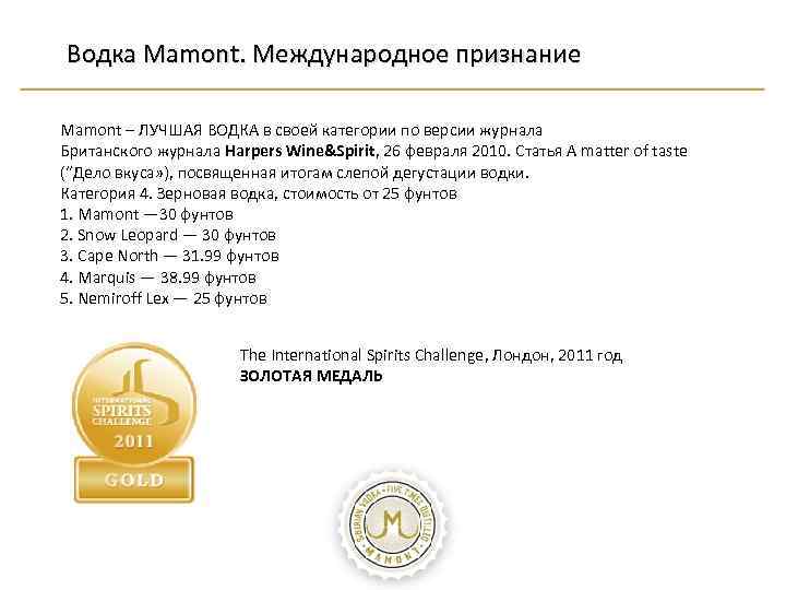 Водка Mamont. Международное признание Mamont – ЛУЧШАЯ ВОДКА в своей категории по версии журнала