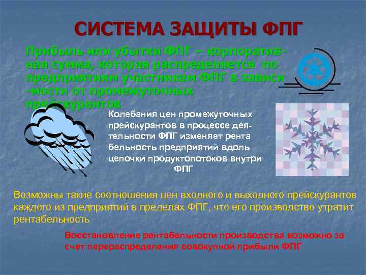 СИСТЕМА ЗАЩИТЫ ФПГ Прибыль или убытки ФПГ – корпоративная сумма, которая распределяется по предприятиям