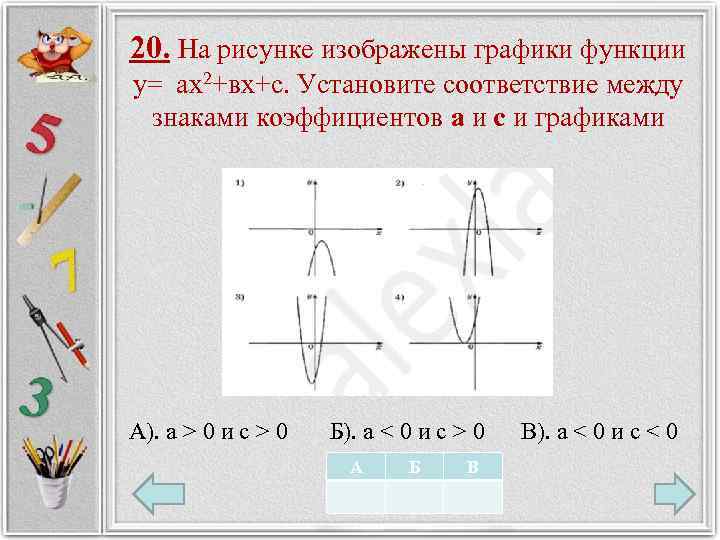 20. На рисунке изображены графики функции у= ах2+вх+с. Установите соответствие между знаками коэффициентов а