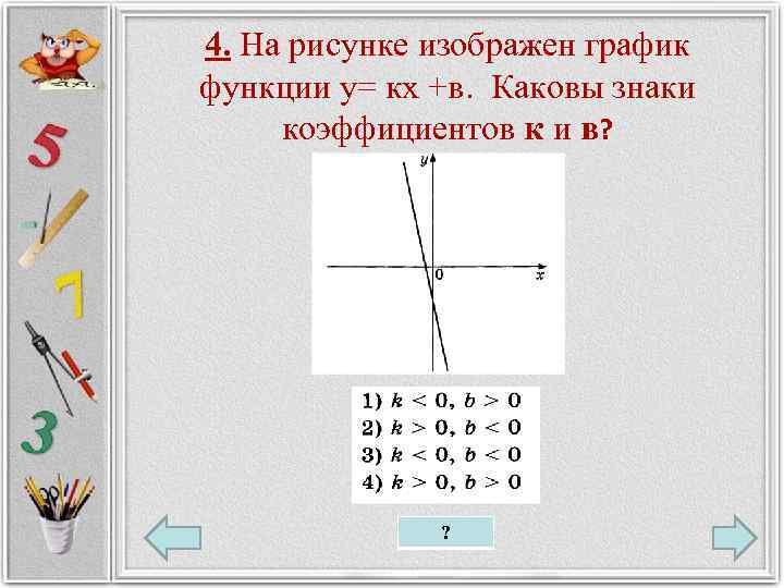4. На рисунке изображен график функции у= кх +в. Каковы знаки коэффициентов к и