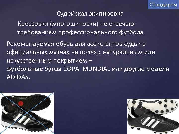 Стандарты Судейская экипировка Кроссовки (многошиповки) не отвечают требованиям профессионального футбола. Рекомендуемая обувь для ассистентов