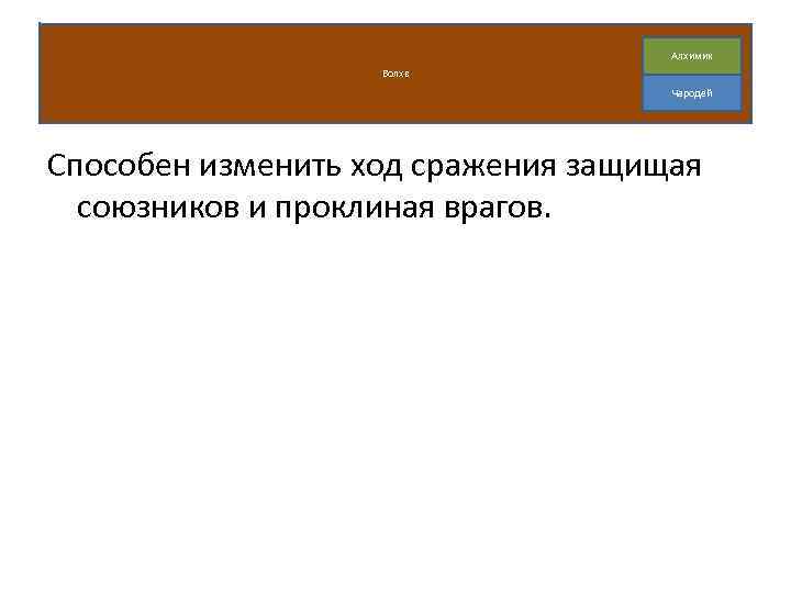 Алхимик Волхв Чародей Способен изменить ход сражения защищая союзников и проклиная врагов. 