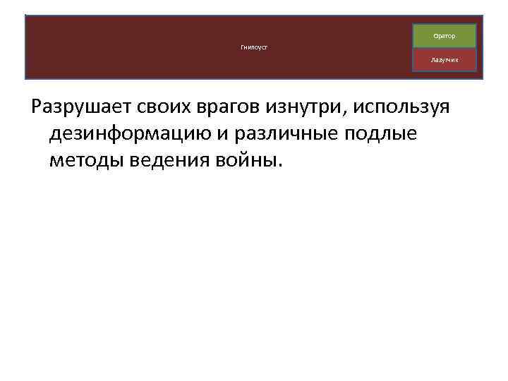 Оратор Гнилоуст Лазутчик Разрушает своих врагов изнутри, используя дезинформацию и различные подлые методы ведения