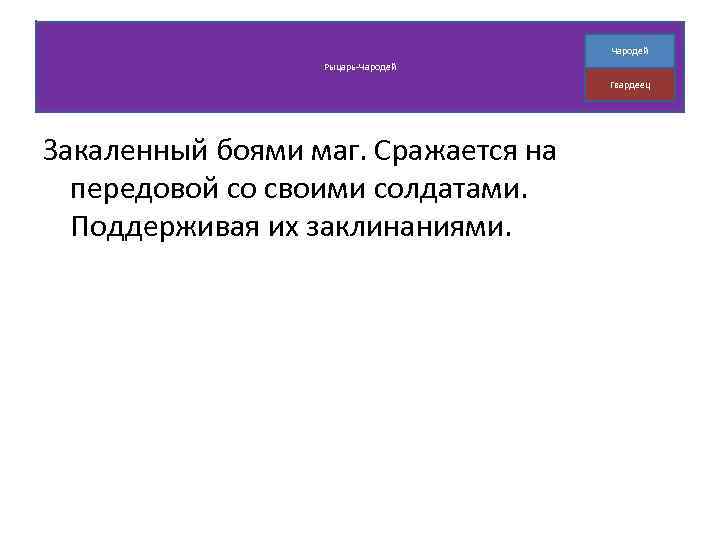 Чародей Рыцарь-Чародей Гвардеец Закаленный боями маг. Сражается на передовой со своими солдатами. Поддерживая их