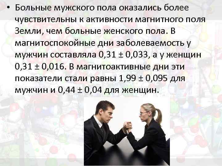  • Больные мужского пола оказались более чувствительны к активности магнитного поля Земли, чем