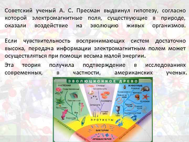 Советский ученый А. С. Пресман выдвинул гипотезу, согласно которой электромагнитные поля, существующие в природе,