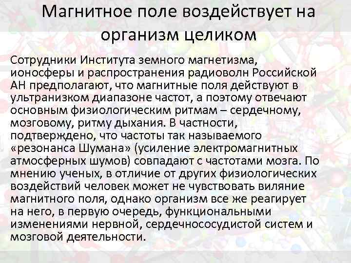 Магнитное поле воздействует на организм целиком Сотрудники Института земного магнетизма, ионосферы и распространения радиоволн