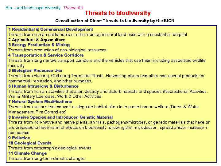 Bio- and landscape diversity: Theme # 4 Threats to biodiversity Classification of Direct Threats