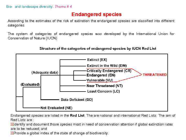 Bio- and landscape diversity: Theme # 4 Endangered species According to the estimates of