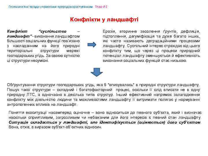 Геоекологічні засади управління природокористуванням: Tема # 5 Конфлікти у ландшафті Конфлікт “суспільство – ландшафт”