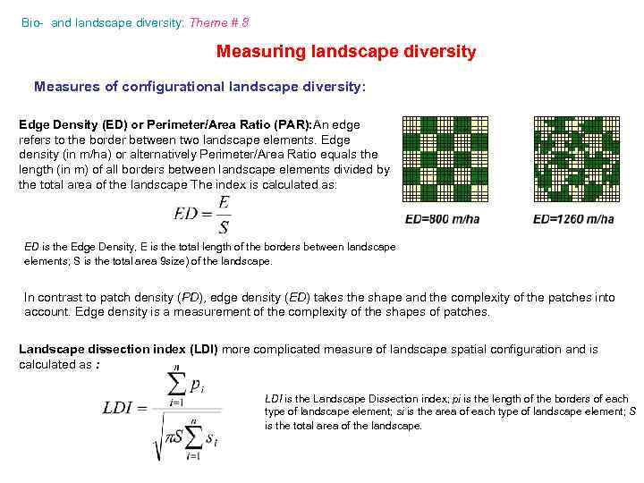 Bio- and landscape diversity: Theme # 8 Measuring landscape diversity Measures of configurational landscape