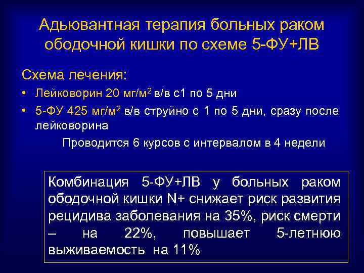 Адьювантная терапия больных раком ободочной кишки по схеме 5 -ФУ+ЛВ Схема лечения: • Лейковорин
