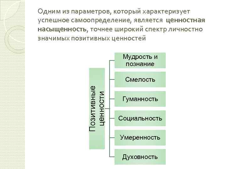 Одним из параметров, который характеризует успешное самоопределение, является ценностная насыщенность, точнее широкий спектр личностно