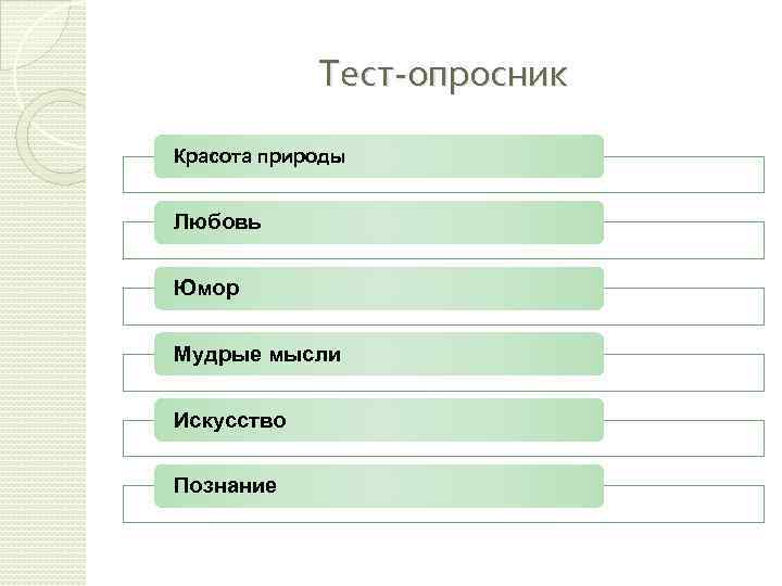 Тест-опросник Красота природы Любовь Юмор Мудрые мысли Искусство Познание 