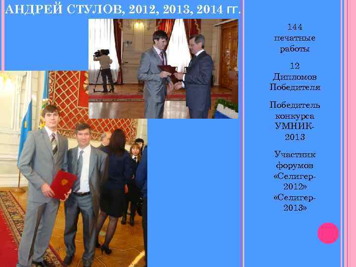 АНДРЕЙ СТУЛОВ, 2012, 2013, 2014 ГГ. 144 печатные работы 12 Дипломов Победителя Победитель конкурса