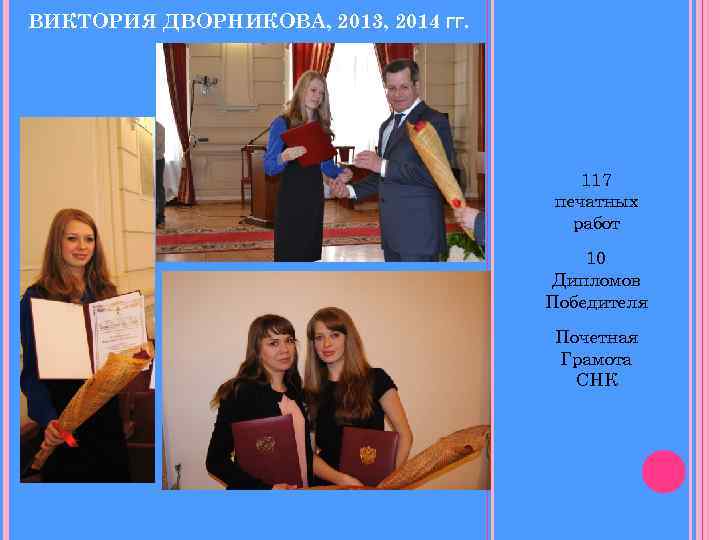 ВИКТОРИЯ ДВОРНИКОВА, 2013, 2014 ГГ. 117 печатных работ 10 Дипломов Победителя Почетная Грамота СНК