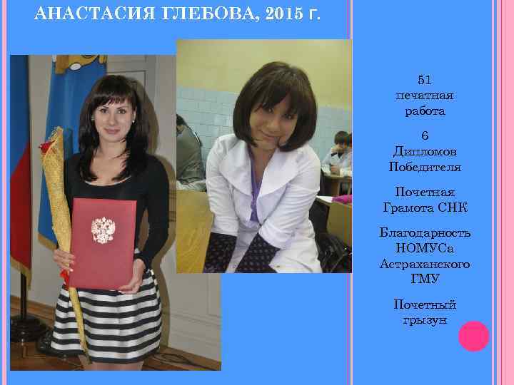 АНАСТАСИЯ ГЛЕБОВА, 2015 Г. 51 печатная работа 6 Дипломов Победителя Почетная Грамота СНК Благодарность