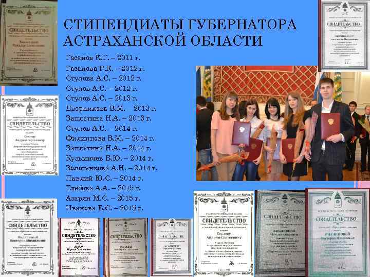 СТИПЕНДИАТЫ ГУБЕРНАТОРА АСТРАХАНСКОЙ ОБЛАСТИ Гасанов К. Г. – 2011 г. Гасанова Р. К. –