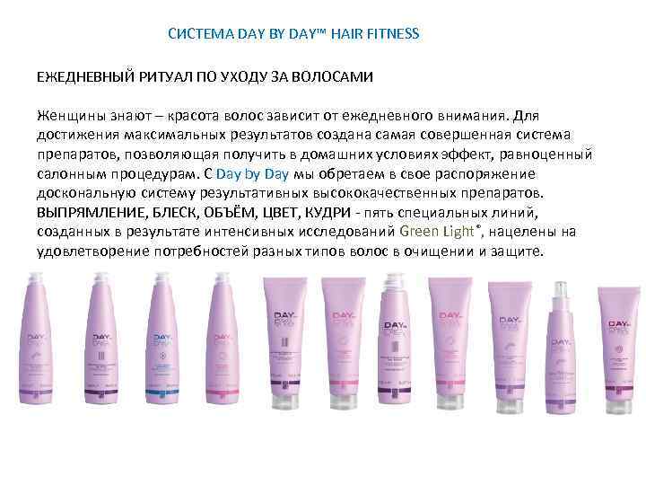 СИСТЕМА DAY BY DAY™ HAIR FITNESS ЕЖЕДНЕВНЫЙ РИТУАЛ ПО УХОДУ ЗА ВОЛОСАМИ Женщины знают