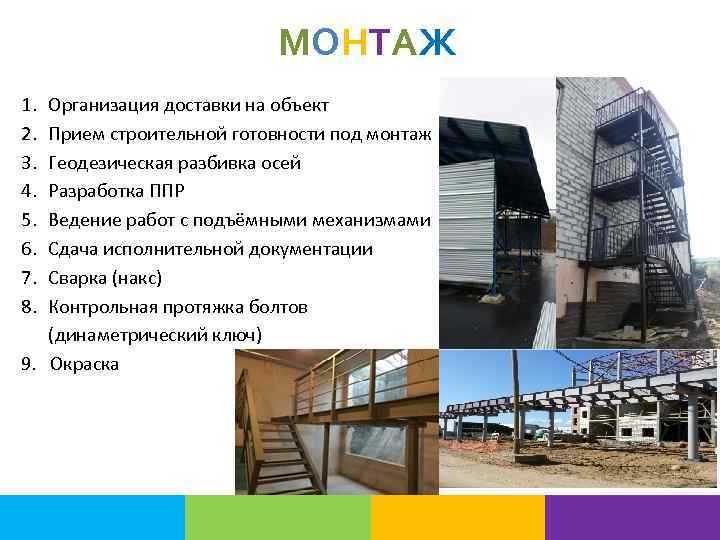 МОНТАЖ 1. 2. 3. 4. 5. 6. 7. 8. Организация доставки на объект Прием